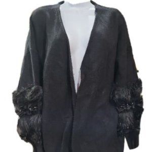Black Rhinestone And Flower Accents And Faux Fur Cardigan Open Front